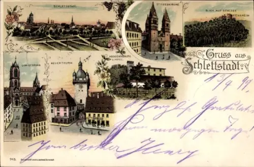 Litho Schlettstadt Bas Rhin, Dom St. Georg, Neuer Turm, Hochkönigsburg, Schloss