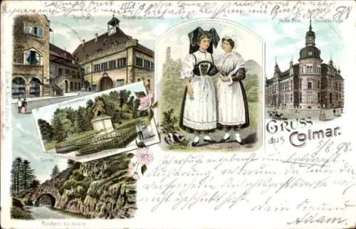 Litho Colmar Kolmar Elsass Haut Rhin, Kaufhaus, Neue Post, Denkmal, Tunnel, Frauen in Tracht