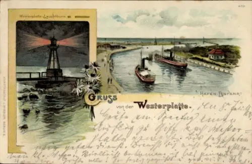 Litho Westerplatte Gdańsk Danzig, Hafeneinfahrt, Schiffe, Leuchtturm