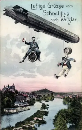Ak Wetzlar an der Lahn, Männer mit Bierfässern hängen unter einem Zeppelin