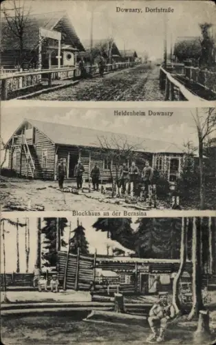 Ak Downary Polen, Dorfstraße, Heldenheim, Blockhaus an der Berasina