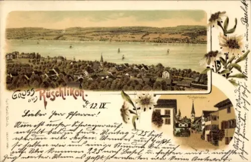 Litho Rüschlikon Kt. Zürich, Panorama, Dorfstraße