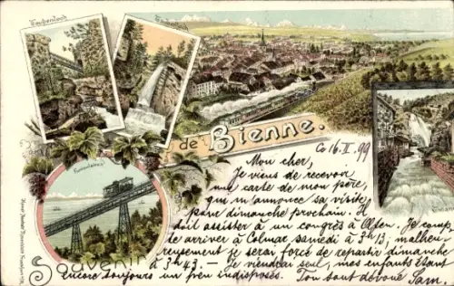 Litho Biel Bienne Kt. Bern, Panorama, Standseilbahn, Taubenloch