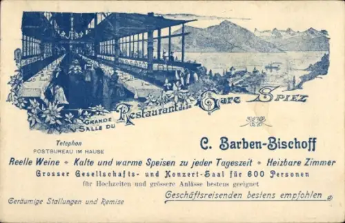 Ak Spiez am Thuner See Kanton Bern, Restaurant de la Gare, C. Barben-Bischoff, Panorama