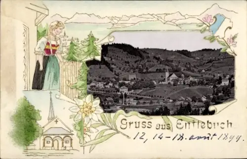 Passepartout Ak Entlebuch Kanton Luzern, Gesamtansicht, Frau in Tracht, Kirche