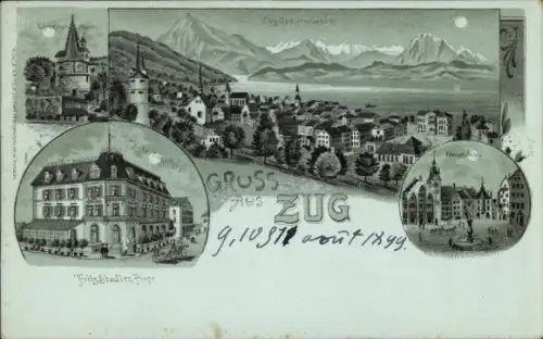 Mondschein Litho Zug Stadt Schweiz, Hotel Fritz Stadler, Hauptplatz, Turm, Gesamtansicht