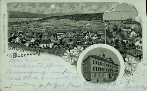 Mondschein Litho Bubendorf Halbkanton Basel-Landschaft, Gesamtansicht, Schule, Kirche, Pfarrhaus