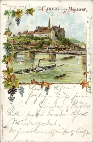 Litho Meißen an der Elbe, Albrechtsburg, Brücke, Dampfschiff