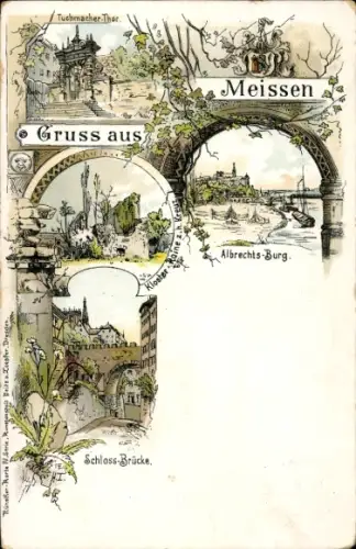 Litho Meißen an der Elbe, Albrechtsburg, Tuchmacher Tor, Schlossbrücke, Klosterruine