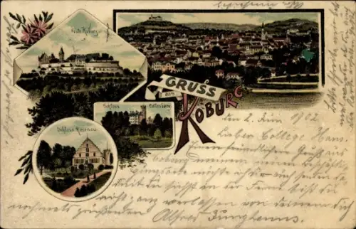 Litho Coburg in Oberfranken, Veste, Schloss Rosenau, Schloss Callenberg, Totalansicht