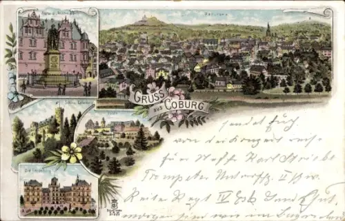 Litho Coburg in Oberfranken, Panorama, Veste, Schloss, Ehrenburg, Statue Prinz Albert
