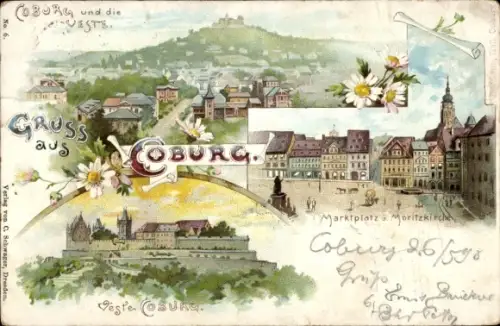 Litho Coburg in Oberfranken, Veste, Marktplatz, Moritzkirche
