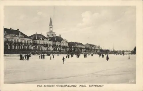 Ak Jelgava Mitau Lettland, Vom östlichen Kriegsschauplatz, Wintersport,Eislaufen