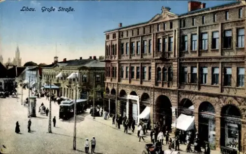 Ak Liepaja Libau Lettland, Große Straße, Geschäfte, Straßenbahn