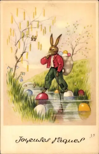 Künstler Ak Frohe Ostern, Osterhase mit Ostereiern