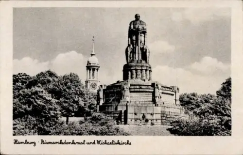 Ak Hamburg Mitte St. Pauli, Bismarck Denkmal, Michaeliskirche
