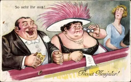 Künstler Ak Raffkes im Theater, neureiches dickes Paar, hochnäsige Frau