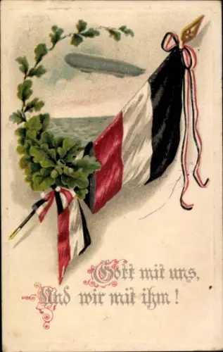 Künstler Ak Gott mit uns und wir mit ihm, Fahne, Eichenlaub, Zeppelin
