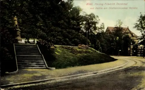 Ak Düsternbrook Kiel, Herzog Friedrich Denkmal mit Partie am Düsternbrooker Gehölz