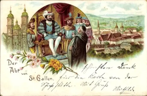 Litho Sankt Gallen Schweiz, Ortsansicht und Blick auf den Abt, Abtei