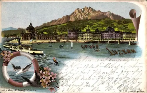 Litho Luzern Stadt Schweiz, Gesamtansicht, Dampfer, Möwe