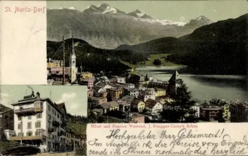 Ak Sankt Moritz Dorf Kanton Graubünden, Gesamtansicht, Hotel und Pension Westend, J. Rungger-Coray