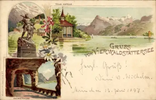 Litho Sisikon Kt. Uri Schweiz, Vierwaldstättersee, Tells Kapelle, Axenstraße