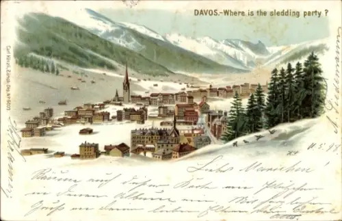 Litho Davos Kanton Graubünden, Gesamtansicht im Winter