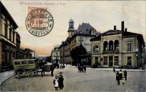 Ak Winterthur Kt. Zürich Schweiz, Bahnhof, Post, Kutsche