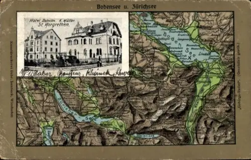 Landkarten Ak Sankt Margarethen Kt. St. Gallen Schweiz, Hotel Daheim, K. Müller, Bodensee, Zürichsee