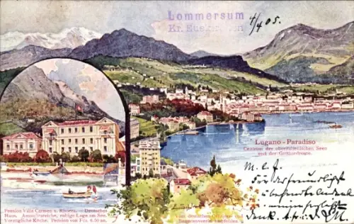 Künstler Ak Schlemo, E., Paradiso Lugano Kanton Tessin Schweiz, Pension Villa Carmen und Riviera