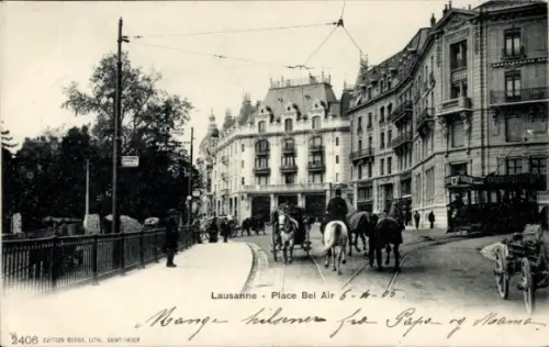 Ak Lausanne Kanton Waadt, Place Bel Air, Reiter, Straßenbahn