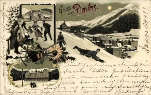 Winter Litho Davos Kanton Graubünden, Panorama im Mondschein, Rodler, Eisläufer