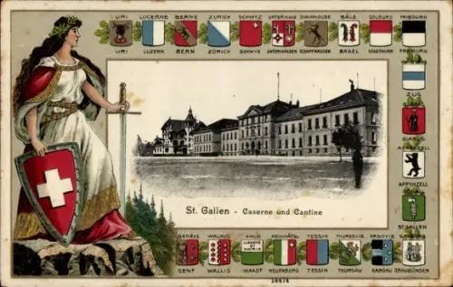 Präge Wappen Passepartout Ak Sankt Gallen Stadt Schweiz, Kaserne, Kantine, Helvetia