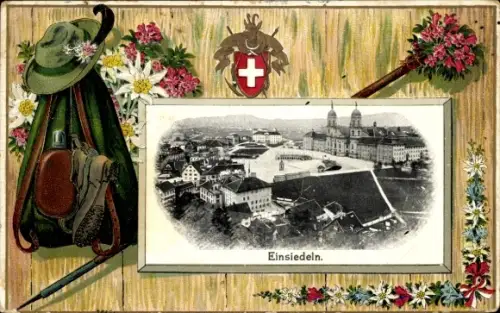 Präge Passepartout Ak Einsiedeln Kanton Schwyz Schweiz, Wanderrucksack, Hut, Blumen