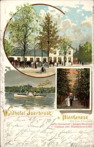 Litho Hamburg Altona Blankenese, Waldhotel Iserbrook, Salondampfer, Verlobten-Allee