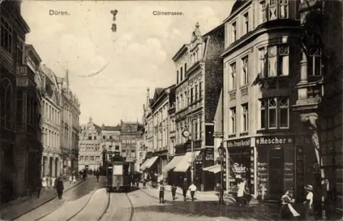 Ak Düren im Rheinland,  Cölnstrasse, Straßenbahn, Mescher (Geschäft)