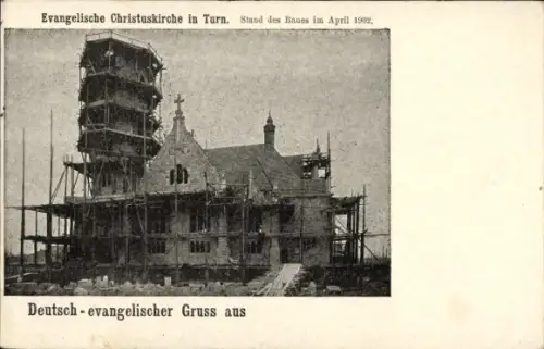 Ak Trnovany Turn Teplice Teplitz Schönau Reg. Aussig, Evangelische Christuskirche im Bau, April 1902