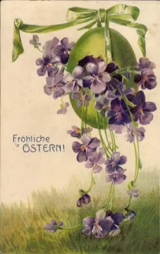 Präge Ak Frohe Ostern, Osterei, Veilchen, grüne Schleife