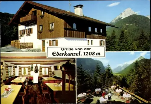 Ak Mittenwald in Oberbayern, Ederkanzel, Gasthaus, Speiseraum, Terrasse