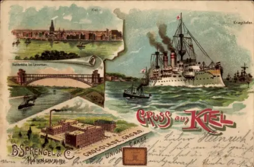Litho Kiel, Hochbrücke bei Levensau, Kriegshafen, Keks-Fabrik von B. Sprengel