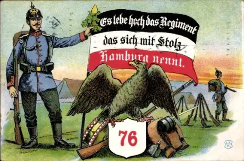 Litho Es lebe hoch das Regiment das sich mit Stolz Hamburg nennt, Nr. 76, Soldaten, Adler