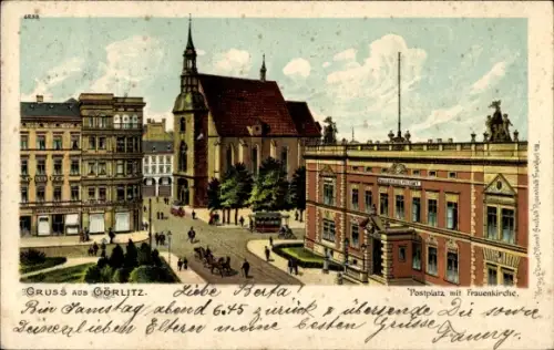 Litho Görlitz i.d. Lausitz, Postplatz mit Frauenkirche, Kaiserliches Postamt, Geschäftshaus Schultze
