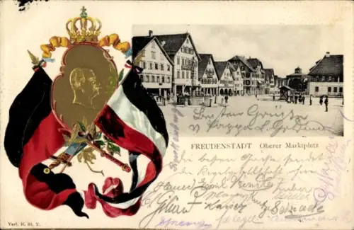 Präge Passepartout Ak Freudenstadt im Schwarzwald, Oberer Marktplatz, Fahnen