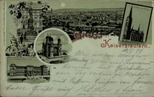 Judaika Mondschein Litho Kaiserslautern in der Pfalz, Gesamtansicht, Synagoge, Kaserne, Kirche