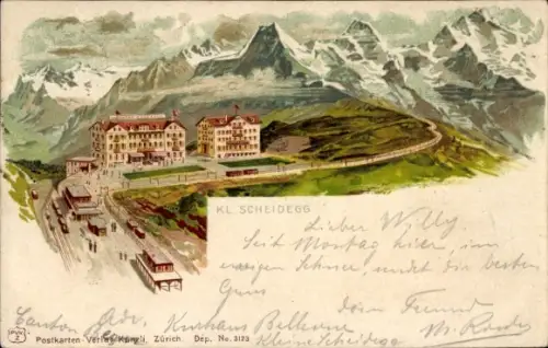 Litho Kanton Bern, Berner Oberland, Kleine Scheidegg, Hotels, Bahnhof der Zahnradbahn