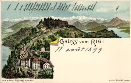 Litho Rigi Kulm Kanton Schwyz, Station der Zahnradbahn, Panorama