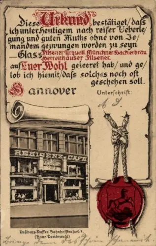 Urkunden Passepartout Ak Hannover, Residenz Café, Bahnhofstraße 6 - 7, Haus Rembrandt, Siegel