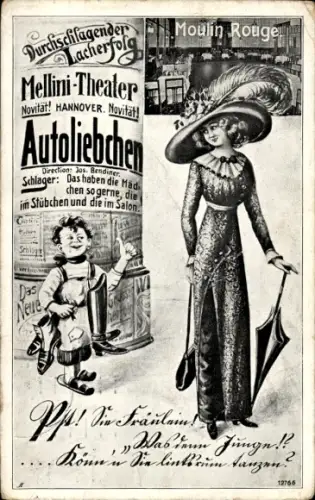 Ak Hannover, Mellini-Theater, Moulin Rouge, Autoliebchen, Litfaßsäule, Schuhputzer, Dame mit Schirm