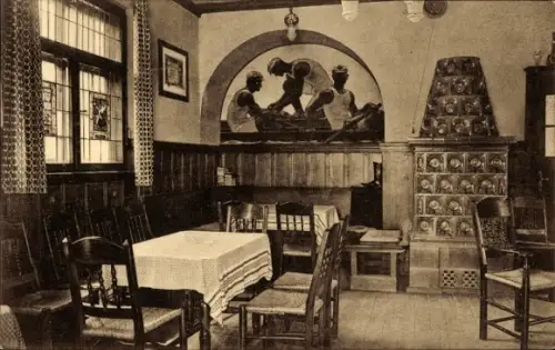 Ak Meißen an der Elbe, Klubhaus Ruderklub Neptun e.V., Kneipnische, Wandbild W. Baring, Kachelofen